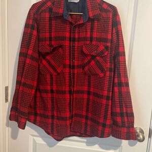 Vintage Sears Roebuck Red and Black Plaid Button-Up Mens Sz L Wool Blend Shirt